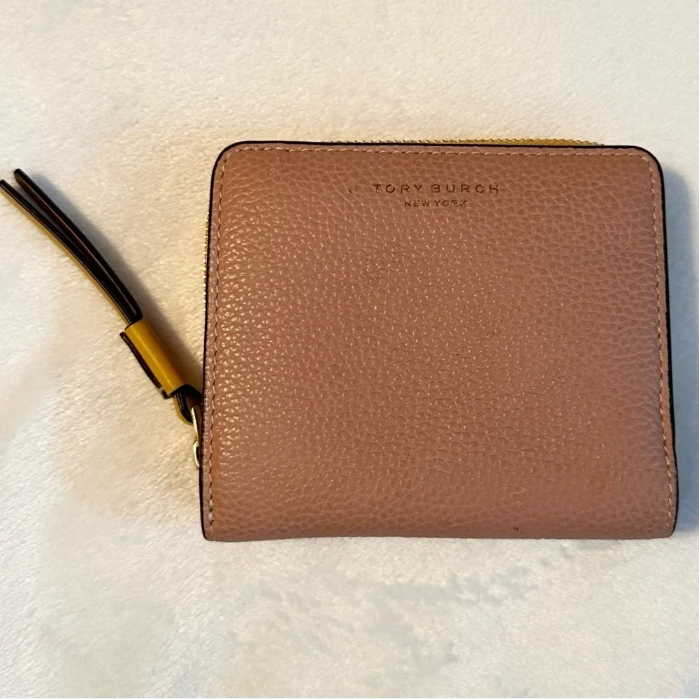 Tory Burch Perry Color Block Bifold Pebbled Leather Wallet pink yellow brown red